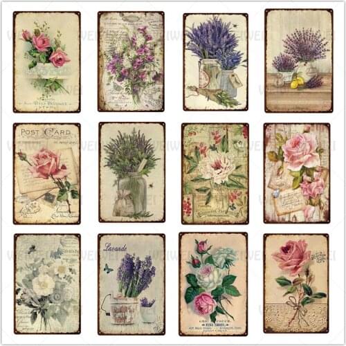 Vintage Flower Letter Iron Brand Home Decoration Lavender Vase Plant Iron Plate Rose Room Decor Wall Decor Art Vintage Tin Sign