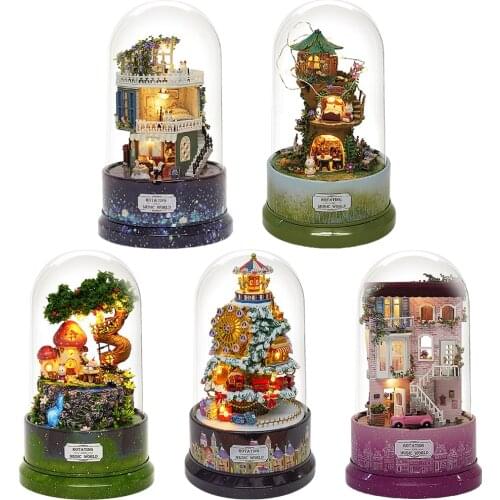 Rotate Dollhouse Miniature Kit Assembly Cottage Dust Cover Music Movement