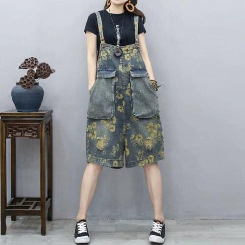 Women Casual Printed Loose Overalls High Quality Cool Wide Leg Vintage Denim Romper Fashion Jumpsuits with Big Pocket