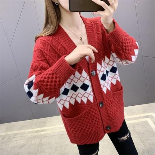 Women Knitted Cardigans Sweater Korean Style Autumn Long Sleeve Loose Coat Casual Button Thick V Neck Solid Female Tops 2021