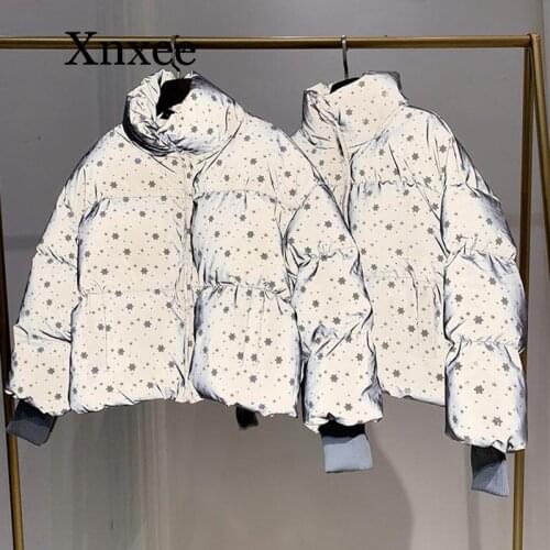 Winter Women Streetwear Down Parka Oversize Reflective Jacket Short Warm Women Coat Snowflake Sequin Parka Cotton Padded Jacket
