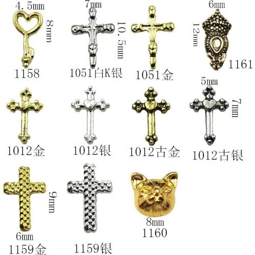 10Pcs/Lot Japan Retro Gold Silver Love Key Cross Skull Cat Metal Alloy Nail Art Deco Nail Stickers/Charms/ Tools for Manicure