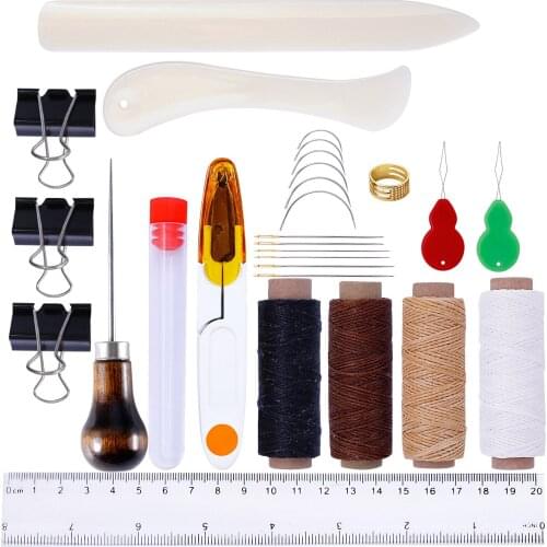19pcs Leather Craft Kit Starter Tools Set Bone Folder Paper Creaser Waxed Thread Awl Large-eye Needles Work for Leather Craft