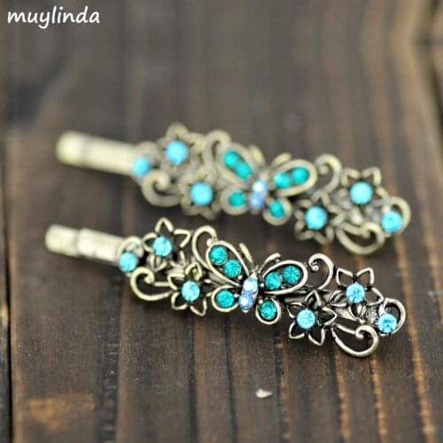 2PCS New Arrival Hair Jewelry Retro Butterfly Crystal Rhinestone Hairpin Clip Barrette Women Girls Hair Accessories