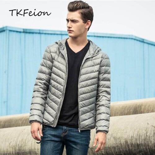 2019 Spring/Autumn Mens Hooded Coats Warm Duck Down Filler Fashion Light Thin Style Male Basic Jackets Size:S-5XL Grey Blue Navy
