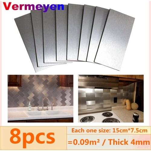 8pcs Mondern Style Metal Wall Sticker Waterproof Self Adhesive Imitation Brick Wallpaper Kitchen Sticker Brushed Aluminum Layer