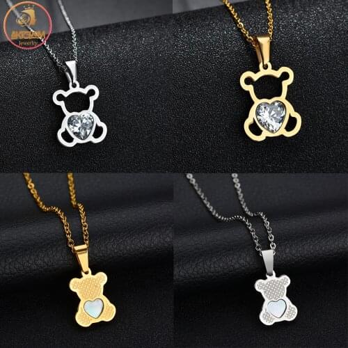 Akizoom Fashion Stainless Steel Cute Bear Jewelry Crystal Heart Zircon Necklace Pendant for Women Birthday Gift Freeshipping
