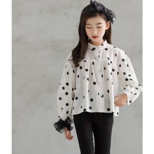Girls Casual White Shirts Cotton Teenager Girl Blouses Long Sleeve Children Polka Dot Tops Shirts Kids Clothes 6 8 10 12 14 16Y