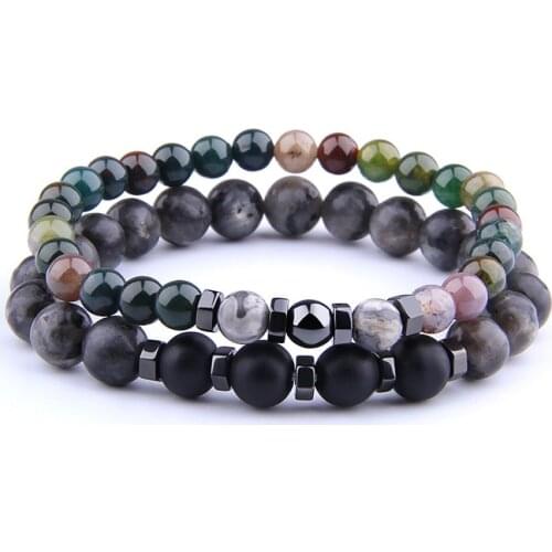 2 Pieces Bracelets Men Fashion Faceted Hematite Charm Bangle For Homme Polished Indian Agat Beads Bracelet Women Couple Jewelry