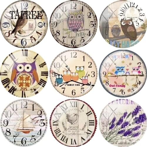 TAFREE Cute Owl Clock Watch Picture Glass Cabochon Round Flatback 12/15/16/18/20mm Dome DIY Jewelry Making Findings Component