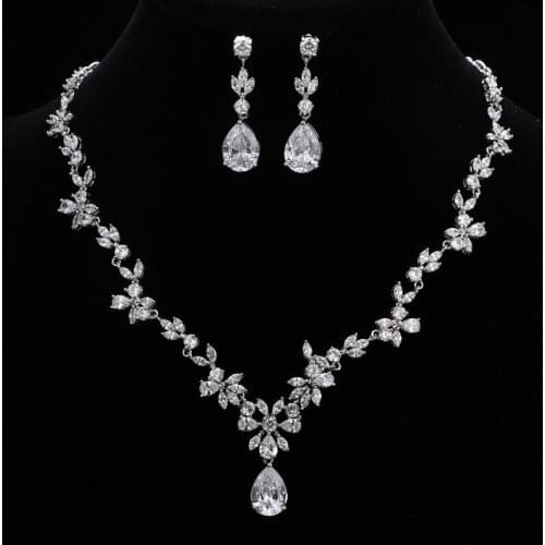Ekopdee Romantic Wedding Cubic Zirconia Jewelry For Women Dainty Teardrop Earring Necklace Set Female Valentines Day Gift 2021