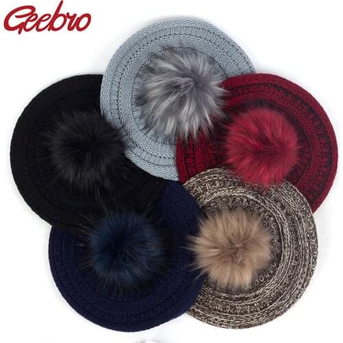 Geebro Winter Casual Knitted Beret Color Mixing Caps Faux Fur With Pom Pom Women Fashion Winter Hairball Hats Warm Berets