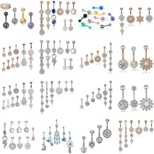 1Set Sexy Belly Bars Belly Button Rings Belly Piercing CZ Crystal Flower Rhinestone Body Jewelry Navel Piercing Rings
