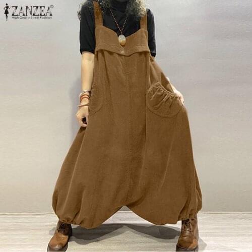 ZANZEA 2021 Casual Drop-Crotch Rompers Autumn Vintage Jumpsuits Women Corduroy Overalls Female Button Pockets Pants OL Trousers