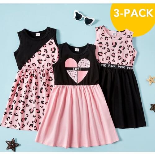 PatPat 2021 New Arrival 3-piece Kids Leopard Love Dresses Set for 4-9Years Girl Clothes