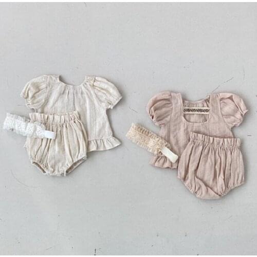 2021 korea New Toddler Baby Girl Flower Edge Cotton Puff Sleeve Tops + Newborn Girls Solid Soft PP Pant 2pcs Clothes