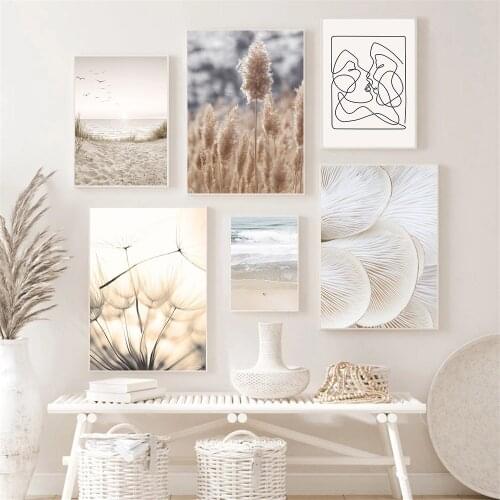 Mushroom Beach Wave Poster Plant Reeds Dandelion Canvas Prints Abstract Line Kiss Wall Art Painting Natural Picture Home Decor