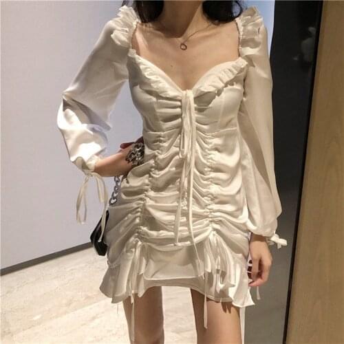 2020 New Women Sexy Mini Dress Long Sleeve Slash Neck Drawstring Mermaid Dress Slim Fashion Ruffled Black White Club Party Dress