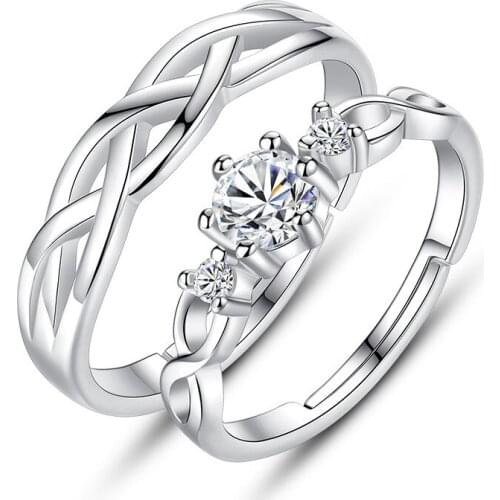 New Arrival 925 Sterling Silver Fashion Shiny Crystal Flower Lovers`wedding Couple Rings Jewelry Women Men`s Finger Open Ring