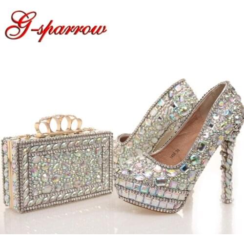 2018 New designer AB Crystal Wedding Shoes with Matching Bag Beautiful Bridal Dress Shoes Prom Party High Heels with Clutch