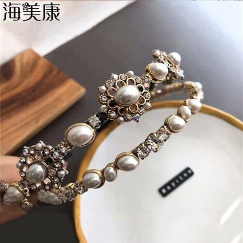 Haimeikang Vintage Style Baroque Headband Shaped Pearl Rhinestone Golden Hairband Hollow Pattern Chic Headbands