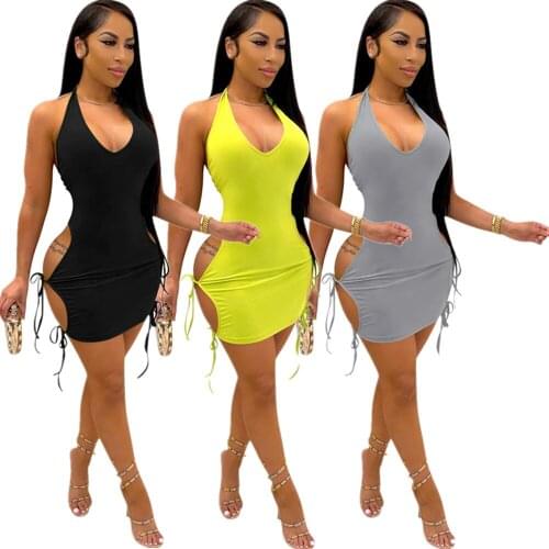 Sexy Halter Backless Mini Dress Women Hollow out Bodycon Short Dresses Summer Club Party Wear Sundresses 2021 Solid Clothes