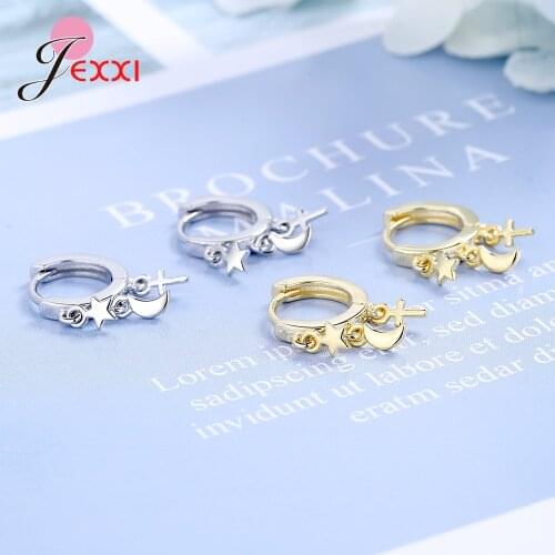 Simple Trendy Genuine 925 Sterling Silver Star Moon Cross Hoop Earrings for Women Girl Birthday Party Gifts Fine Jewelry Supply