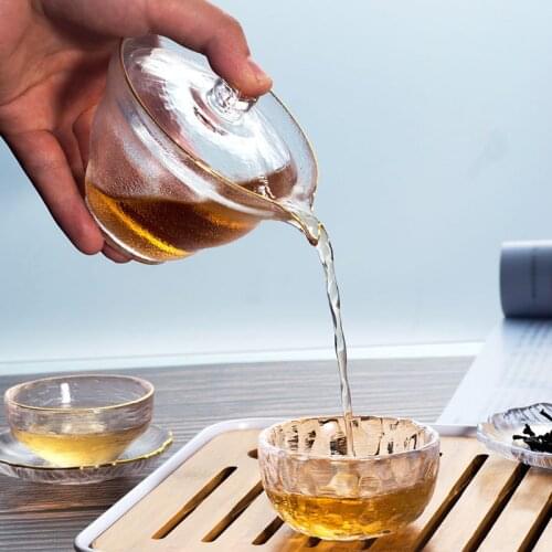 Japanese Style Glass Gaiwan Tea Cup and Lid Gold Painted Gongfu Tea Chinese Tea Bowl 150ml Glass Cup Set Resistant Tea Set