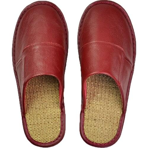 Genuine Cow Leather Linen slippers couple indoor non-slip men women home fashion casual single shoes TPR soles spring summer