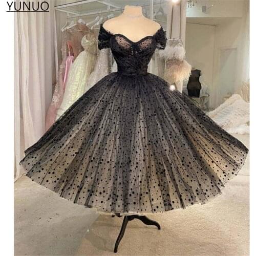 YUNUO Vintage Black Polka Dotted Tulle Short Prom Dresses Cap Sleeves Beads Fluffy Skirt Ankle Length Formal Party Gowns 2021
