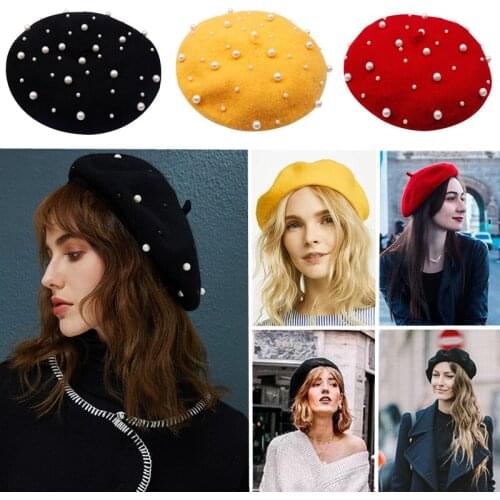 Women Girl Luxury Pearls Beret Hats French Artist Cashmere Retro Beanie Flat 2021 Autumn Fashion Lady Female Solid Color Cap