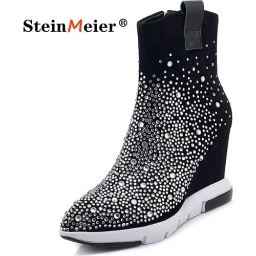 Women New Winter Warm Wedges Heels Ankle Boots Zipper Slip on High Heels Genuine Leather Short Boots Pointed Toe Shoes Woman