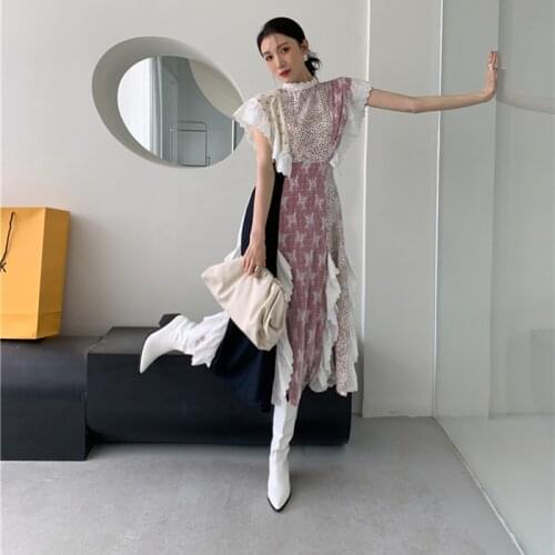 Women Lace Stitching Ruffles Patchwork Sleeveless Dress Fashion Casual Elegant Womens Clothing Robe Femme