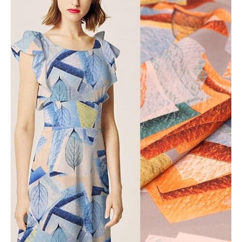114CM Wide 16MM Leaves Print Thin Blue Orange Silk Crepe de Chine Fabric for Summer Dress Jacket Pants B204