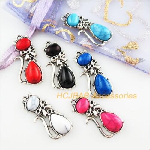 12Pcs Tibetan Silver Color Animal Cat Mixed Stone Charms Pendant 13x29mm
