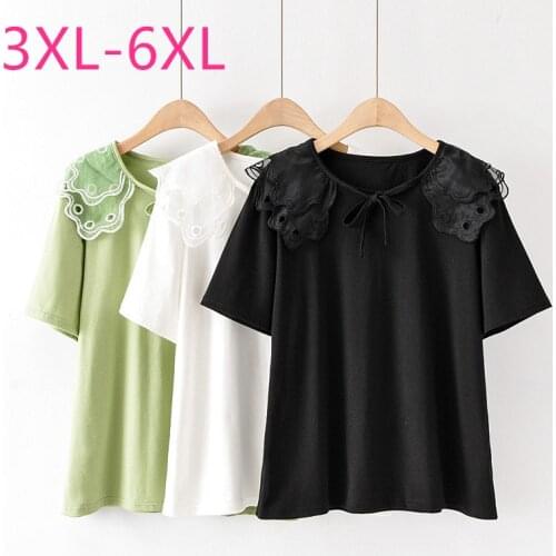 2021 summer plus size tops for women large loose casual short sleeve cotton lace bow O neck T-shirt white black 3XL 4XL 5XL 6XL