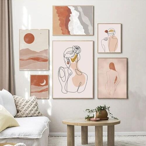 Abstract Boho Art Vintage Poster Moon Sun Sexy Woman Modern Print Minimal Landscape Living Room Decoration Wall Painting Picture