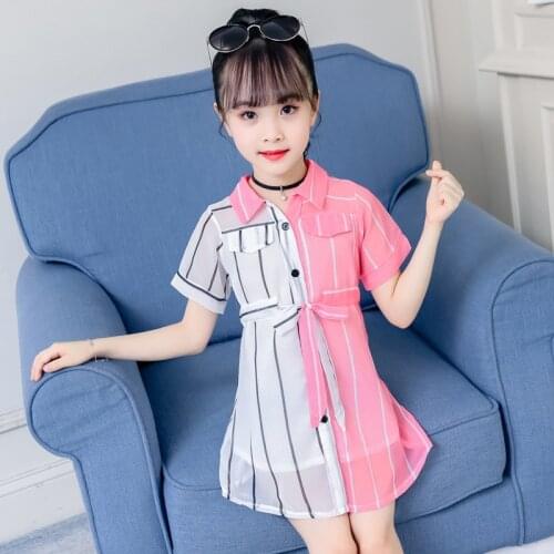 Girl stripe Blouses White pink splice short sleeve shirts Dresses Children Clothing For 4-14 years teens girl summer tops