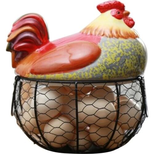 Egg Holder Metal Chicken Egg Basket Fruit Basket With Fruit Snacks Container Collection Ceramic Hen Oraments Kitchen Decoration