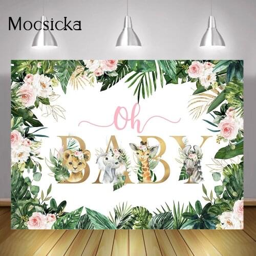 Jungle Animals Oh Baby Party Backdrop Green Leaves Pink Flower Decorations Woodland Newborn Baby Shower Cake Smash Background