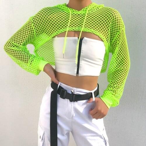 Long Sleeve Tshirt Women Mesh Crop Top Hooded Hollow Out Net Transparent See Through Sexy Supper Short Tee Fishnet T-shirt 2021