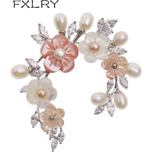 FXLRY Fashion Horse Eye AAA Cubic Zirconia Micro Pave Setting Freshwater Pearl Shell Flower brooch Sweater Coat Accessories