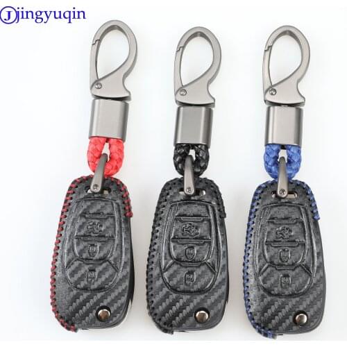 Jingyuqin Carbon Fiber Key Case Cover Leather Key Bag 3B Holder Chain For Ford F-150 250 350 Explorer Ranger KA Fiesta Mondeo