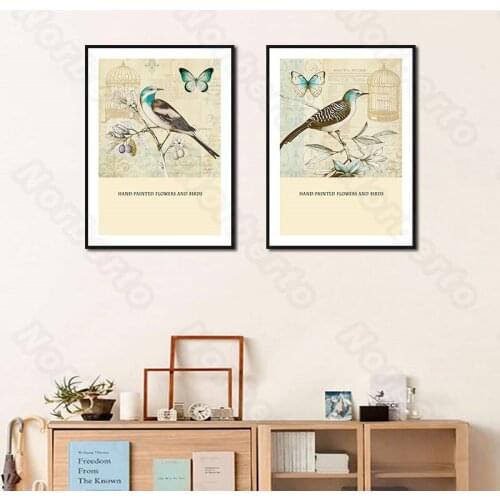 Modern Style Canvas Painting and Posters Hand-Painting Pictures with Flowers Bird Birdcage and Butterfly for Home Rooms Decorati