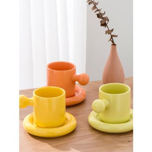 300ml Ceramic Mug with Saucer Solid Color Cute Egg Yolk Cup Coffee Cup Kitchen Tool Gift