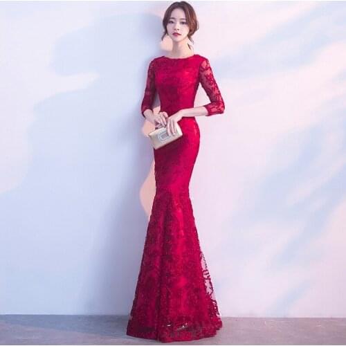 Bride Red Mermaid Toast Evening Dress with Elegant Long Wedding Party Skirt Female Looks Thin Birthday Banquet Dress A096