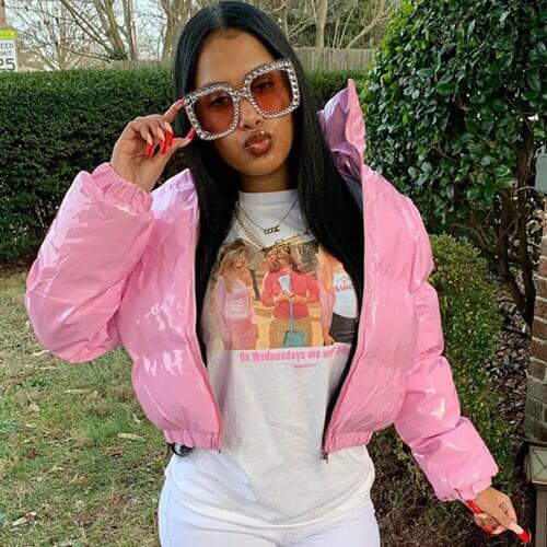 Autumn Women Bright PU Puffer Jackets Winter Warm Shiny Leather Neon Pink Bubble Coats Parkas Down Zipper Cropped Jacket Parkas