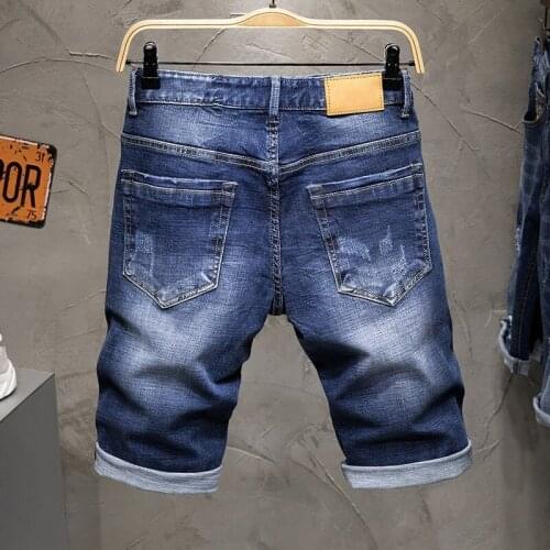 Summer New Thin Animal Embroidered Denim Shorts Men Street Vintage Slim Ripped Hole Washed Knee Length Pant Straight Jean Shorts