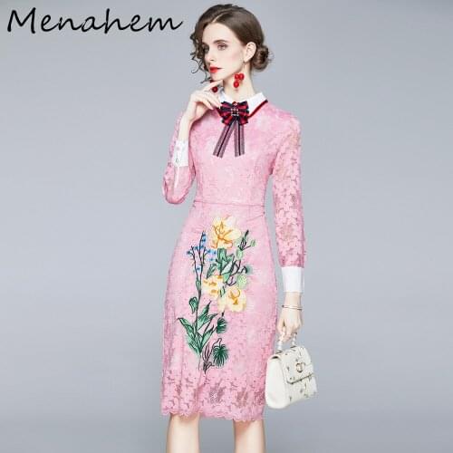 Menahem Elegant Hollow Out Embroidery Floral Pink Lace Dress Women Diamonds Bowknot Long Sleeve Midi Dresses Female Summer 2021