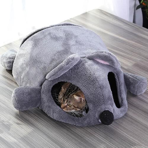 Cute Cat Soft Cave Bed Funny Mice Shape Kitten House With Two Playing Ball Toys Warm Nest Pet Cats Sleeping Mat